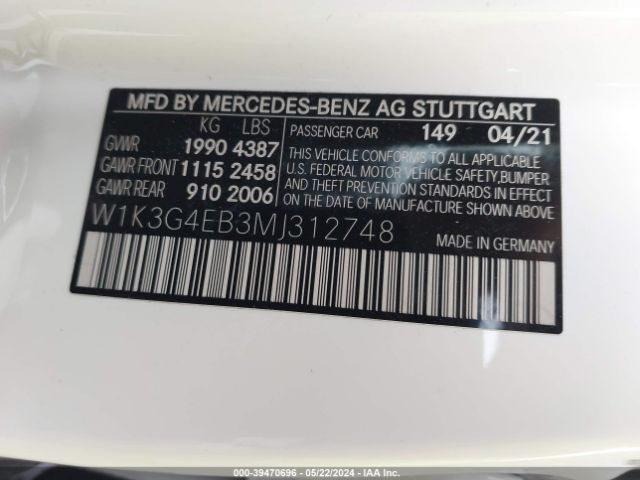 Photo 8 VIN: W1K3G4EB3MJ312748 - MERCEDES-BENZ A 