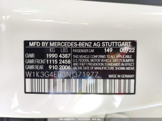 Photo 8 VIN: W1K3G4EB3NJ371977 - MERCEDES-BENZ A-CLASS 