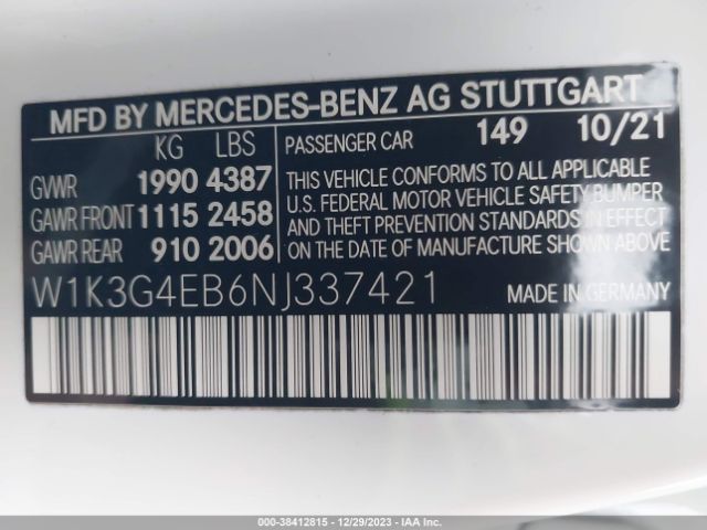 Photo 8 VIN: W1K3G4EB6NJ337421 - MERCEDES-BENZ A 