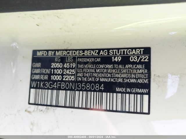 Photo 8 VIN: W1K3G4FB0NJ358084 - MERCEDES-BENZ A-CLASS 