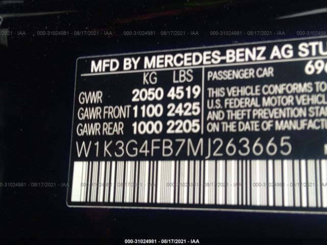 Photo 8 VIN: W1K3G4FB7MJ263665 - MERCEDES-BENZ A-CLASS 