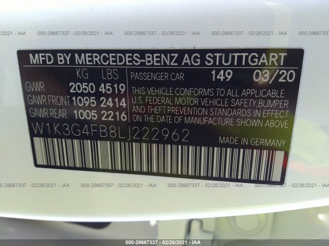 Photo 8 VIN: W1K3G4FB8LJ222962 - MERCEDES-BENZ A-CLASS 