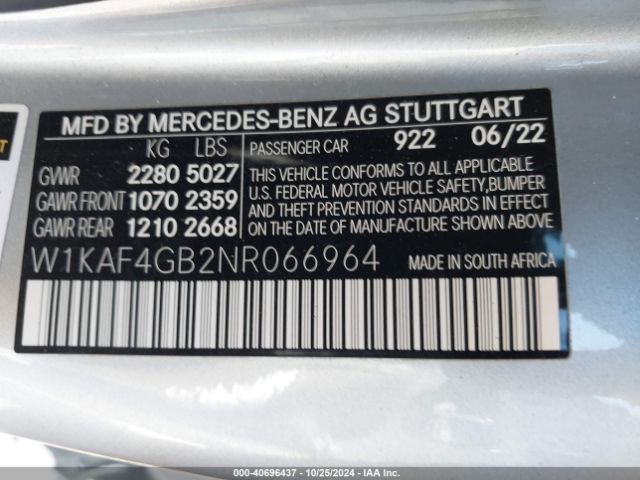 Photo 8 VIN: W1KAF4GB2NR066964 - MERCEDES-BENZ C-CLASS 