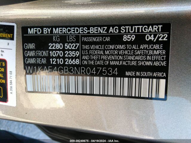 Photo 8 VIN: W1KAF4GB3NR047534 - MERCEDES-BENZ C 300 