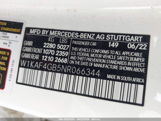 Photo 8 VIN: W1KAF4GB5NR066344 - MERCEDES-BENZ C 300 