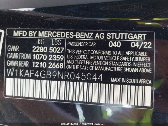 Photo 8 VIN: W1KAF4GB9NR045044 - MERCEDES-BENZ C-CLASS 