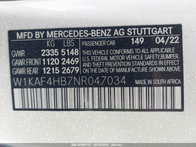 Photo 8 VIN: W1KAF4HB7NR047034 - MERCEDES-BENZ C 300 