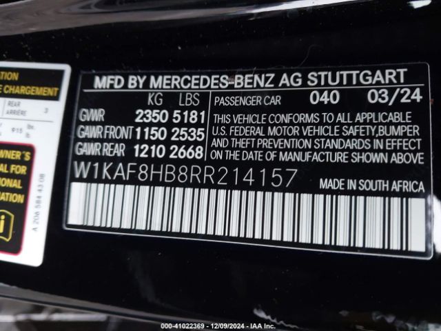 Photo 8 VIN: W1KAF8HB8RR214157 - MERCEDES-BENZ C-CLASS 