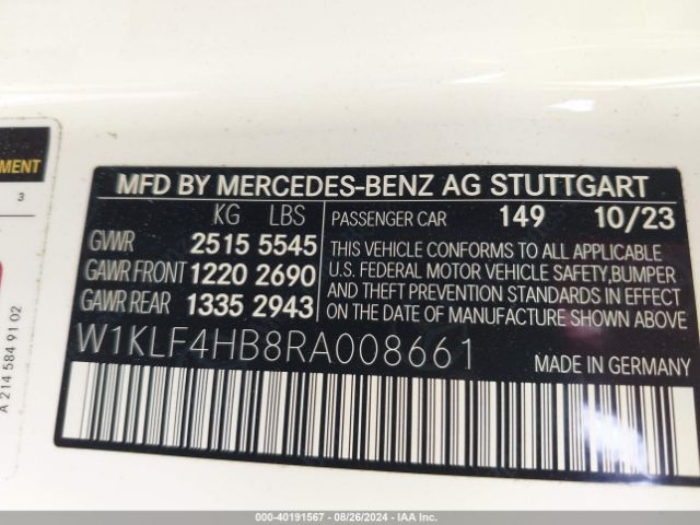 Photo 8 VIN: W1KLF4HB8RA008661 - MERCEDES-BENZ E-CLASS 