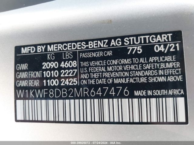 Photo 8 VIN: W1KWF8DB2MR647476 - MERCEDES-BENZ C-CLASS 