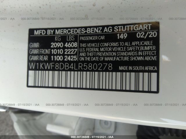 Photo 8 VIN: W1KWF8DB4LR580278 - MERCEDES-BENZ C-CLASS 