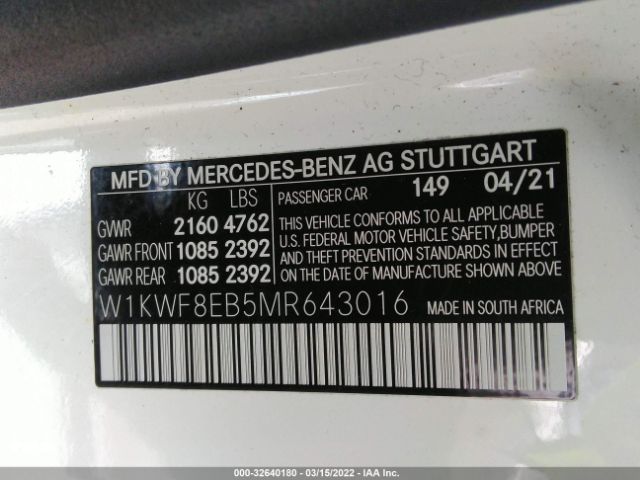 Photo 8 VIN: W1KWF8EB5MR643016 - MERCEDES-BENZ C-CLASS 