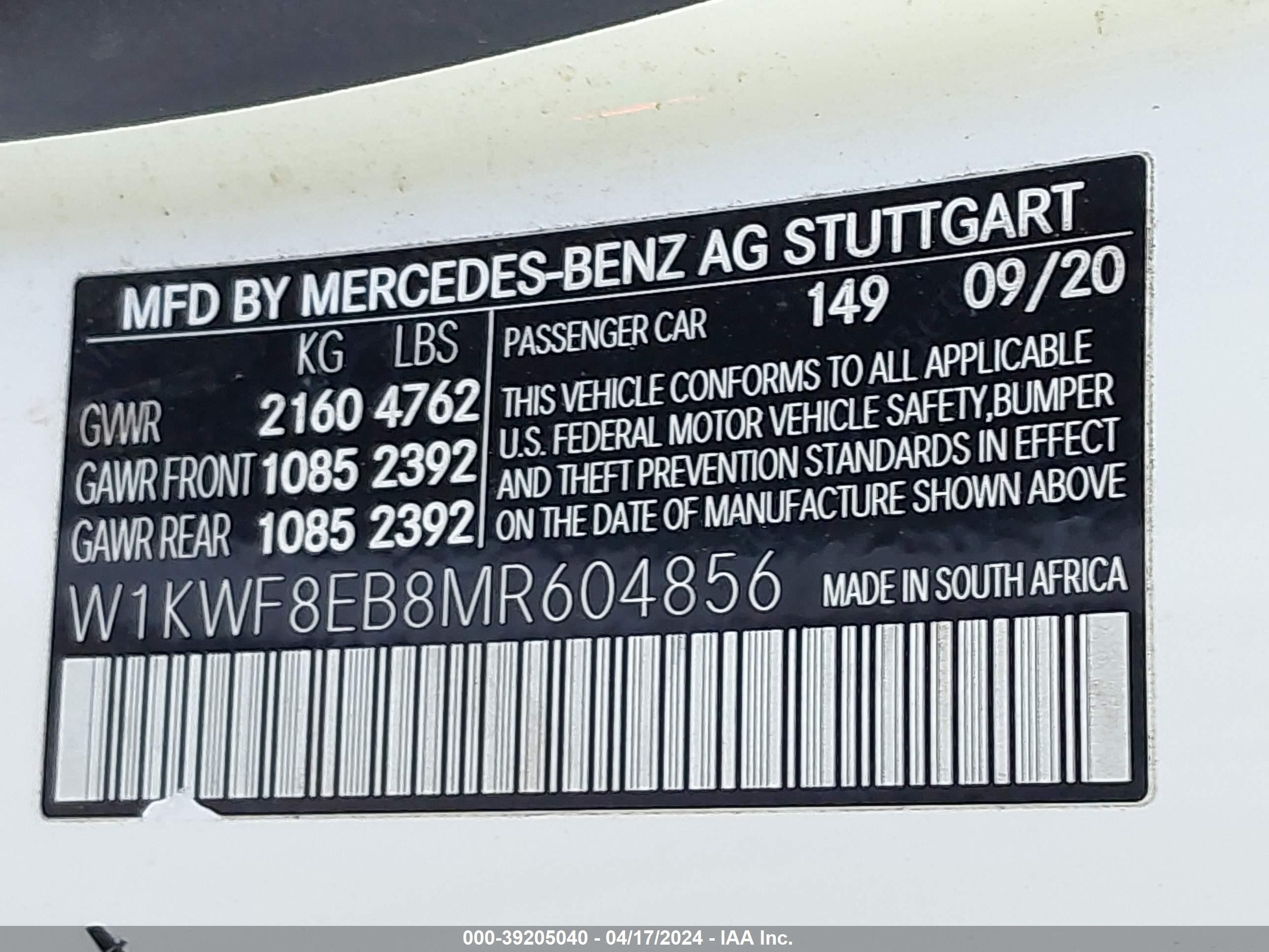 Photo 8 VIN: W1KWF8EB8MR604856 - MERCEDES-BENZ C-KLASSE 