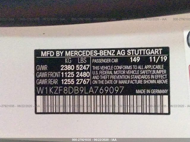 Photo 8 VIN: W1KZF8DB9LA769097 - MERCEDES-BENZ E-CLASS 