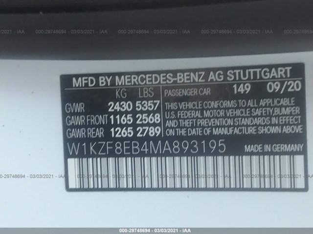 Photo 8 VIN: W1KZF8EB4MA893195 - MERCEDES-BENZ E-CLASS 