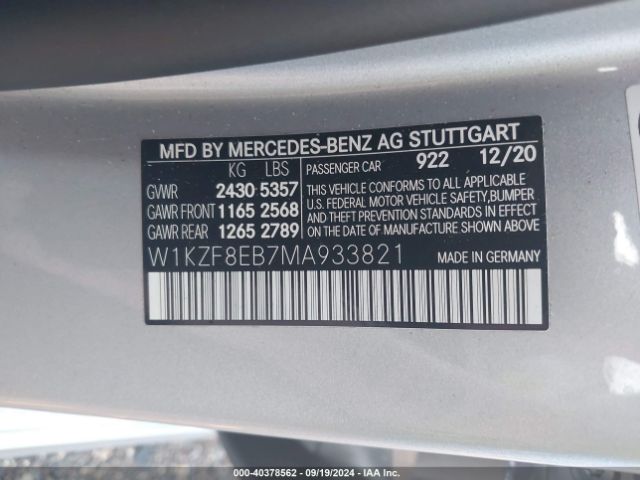 Photo 8 VIN: W1KZF8EB7MA933821 - MERCEDES-BENZ E-CLASS 