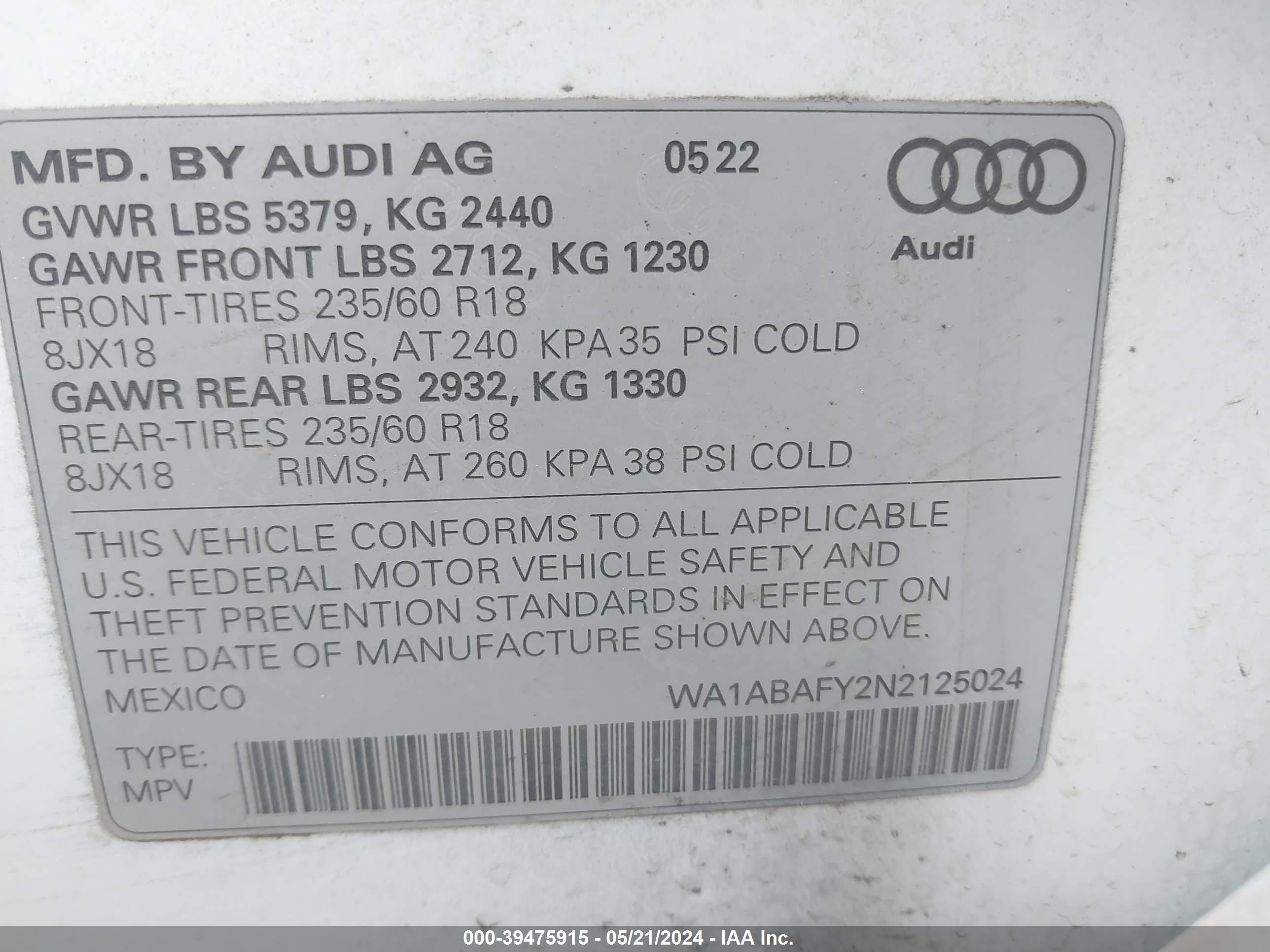 Photo 8 VIN: WA1ABAFY2N2125024 - AUDI Q5 