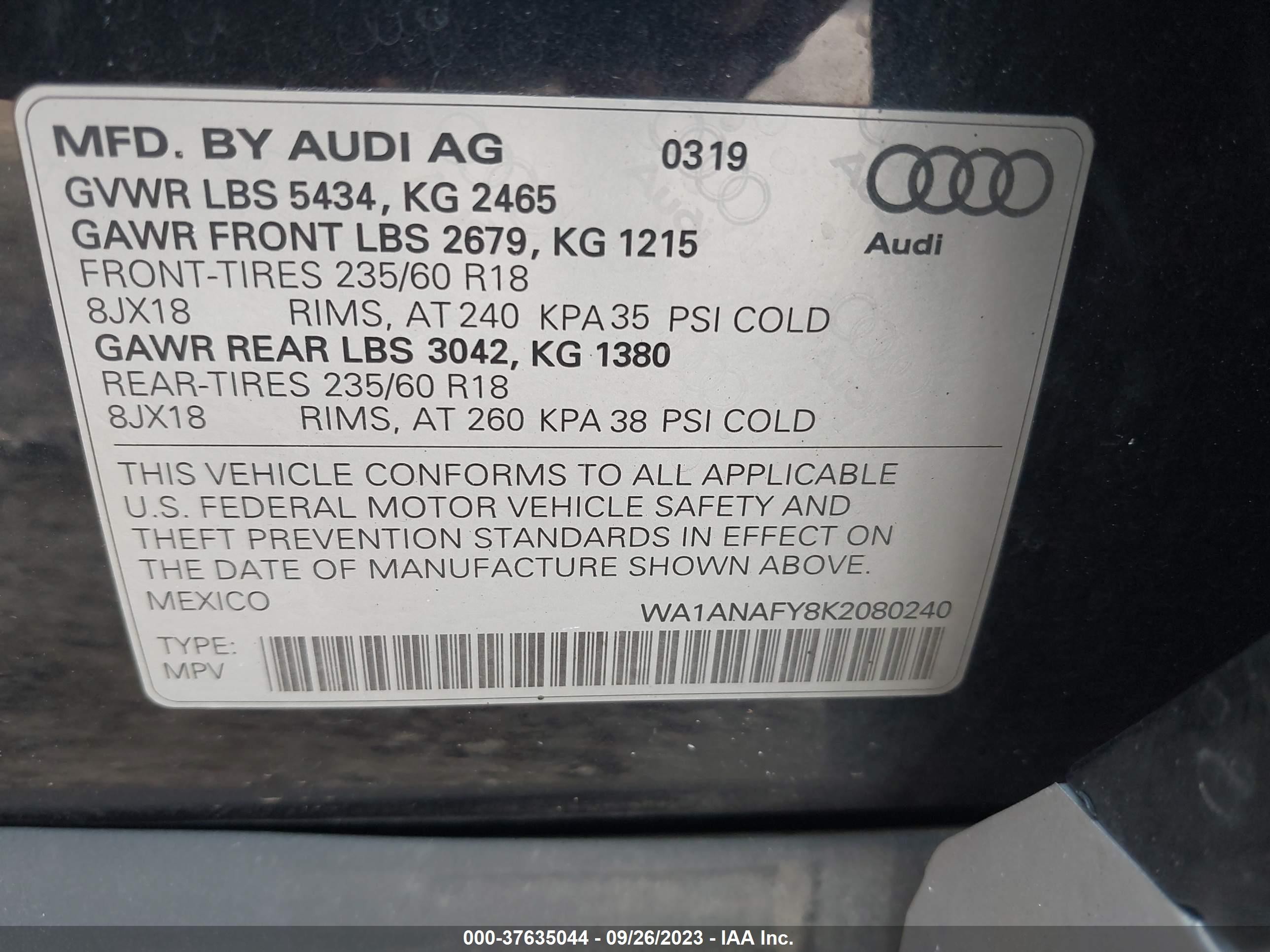 Photo 8 VIN: WA1ANAFY8K2080240 - AUDI Q5 