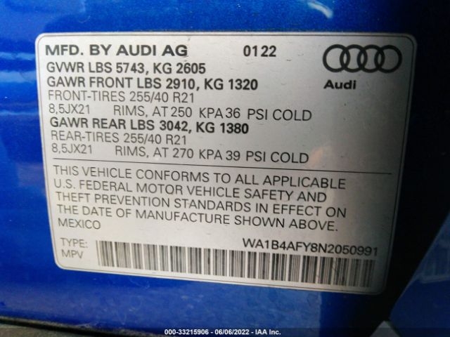 Photo 8 VIN: WA1B4AFY8N2050991 - AUDI SQ5 