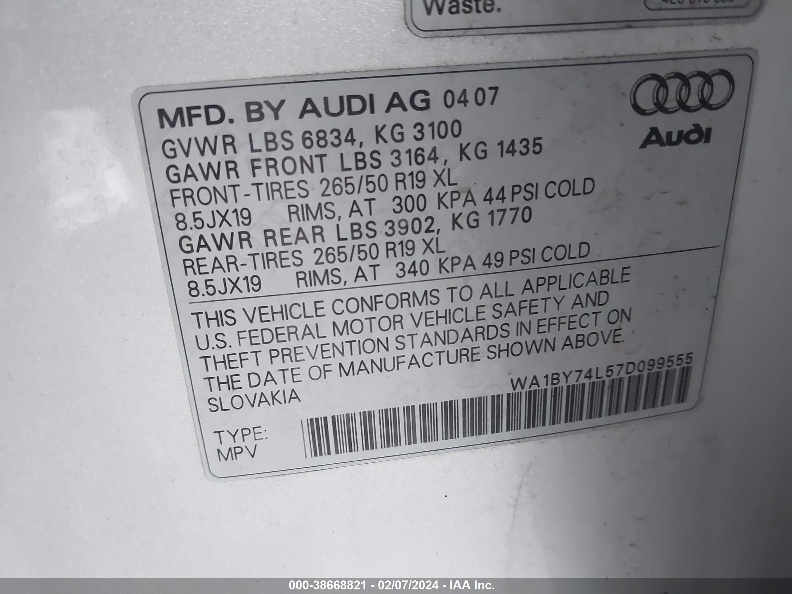 Photo 8 VIN: WA1BY74L57D099555 - AUDI Q7 