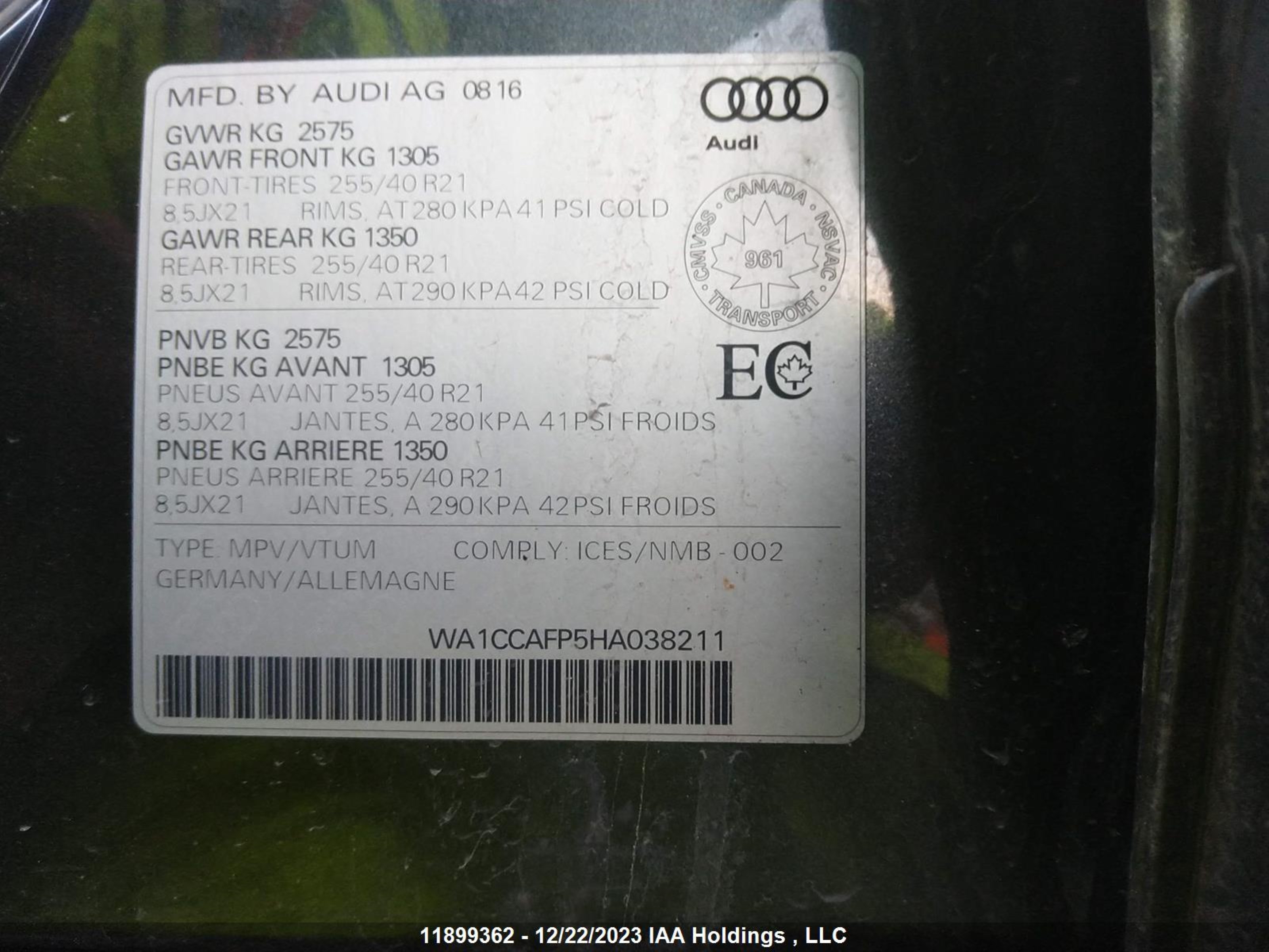 Photo 8 VIN: WA1CCAFP5HA038211 - AUDI SQ5 