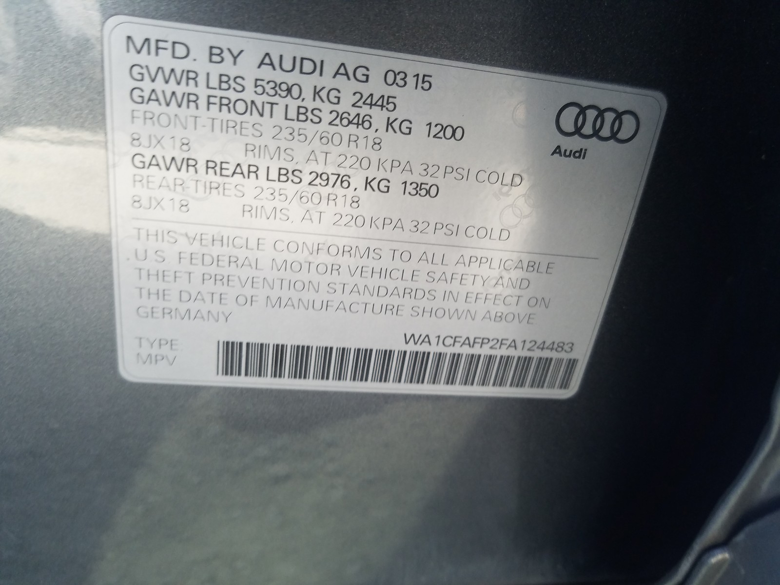 Photo 9 VIN: WA1CFAFP2FA124483 - AUDI Q5 PREMIUM 