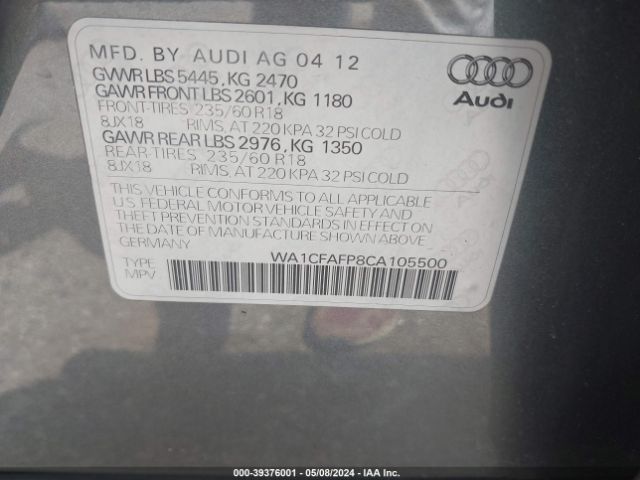 Photo 8 VIN: WA1CFAFP8CA105500 - AUDI Q5 