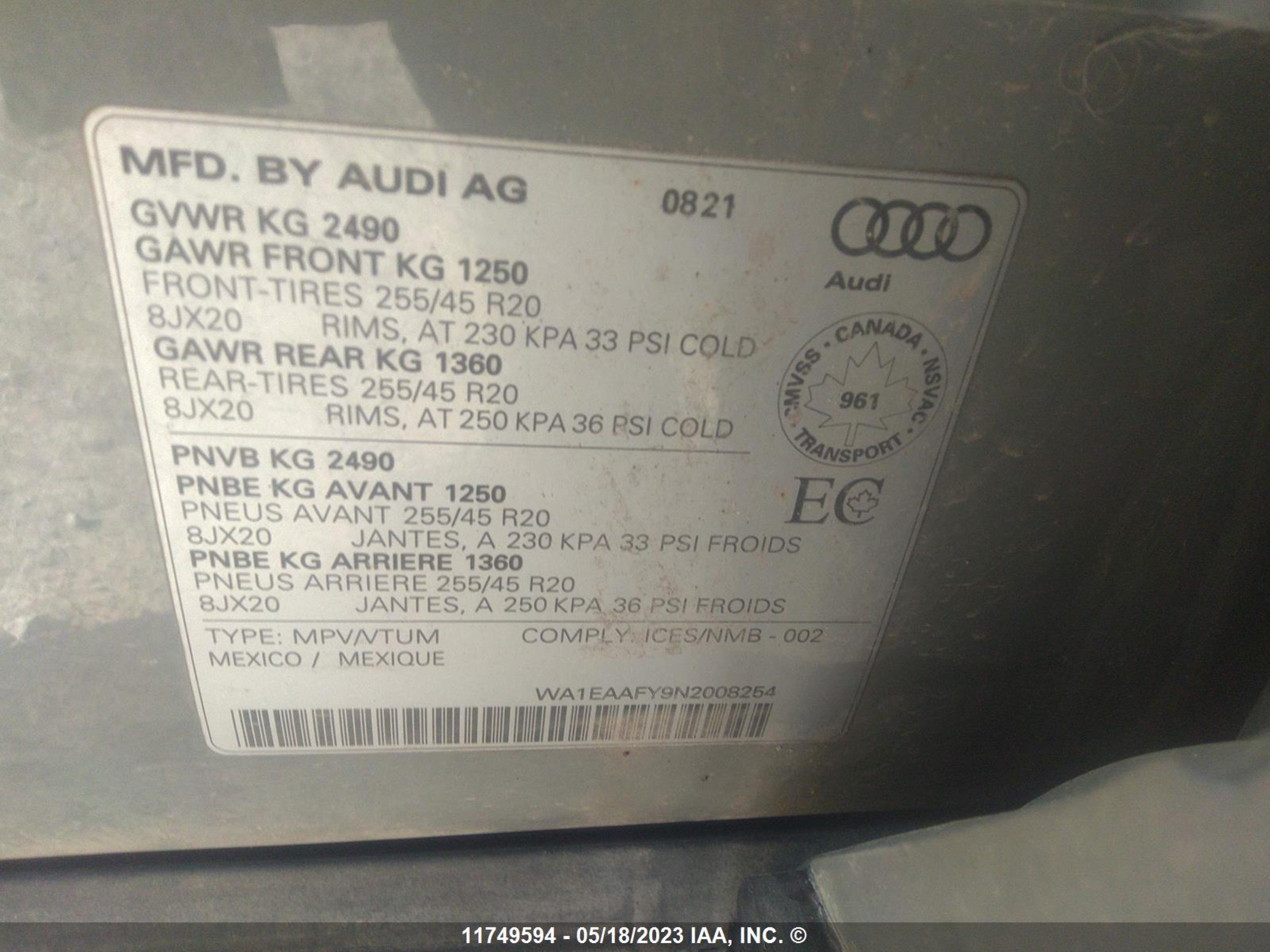 Photo 8 VIN: WA1EAAFY9N2008254 - AUDI Q5 