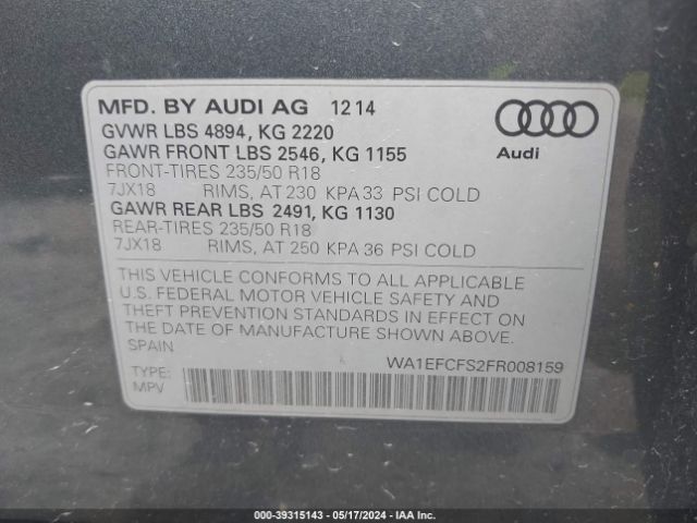 Photo 8 VIN: WA1EFCFS2FR008159 - AUDI Q3 