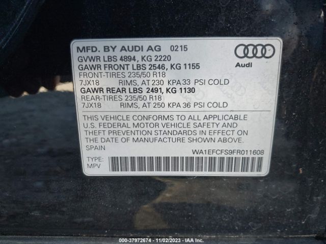 Photo 8 VIN: WA1EFCFS9FR011608 - AUDI Q3 