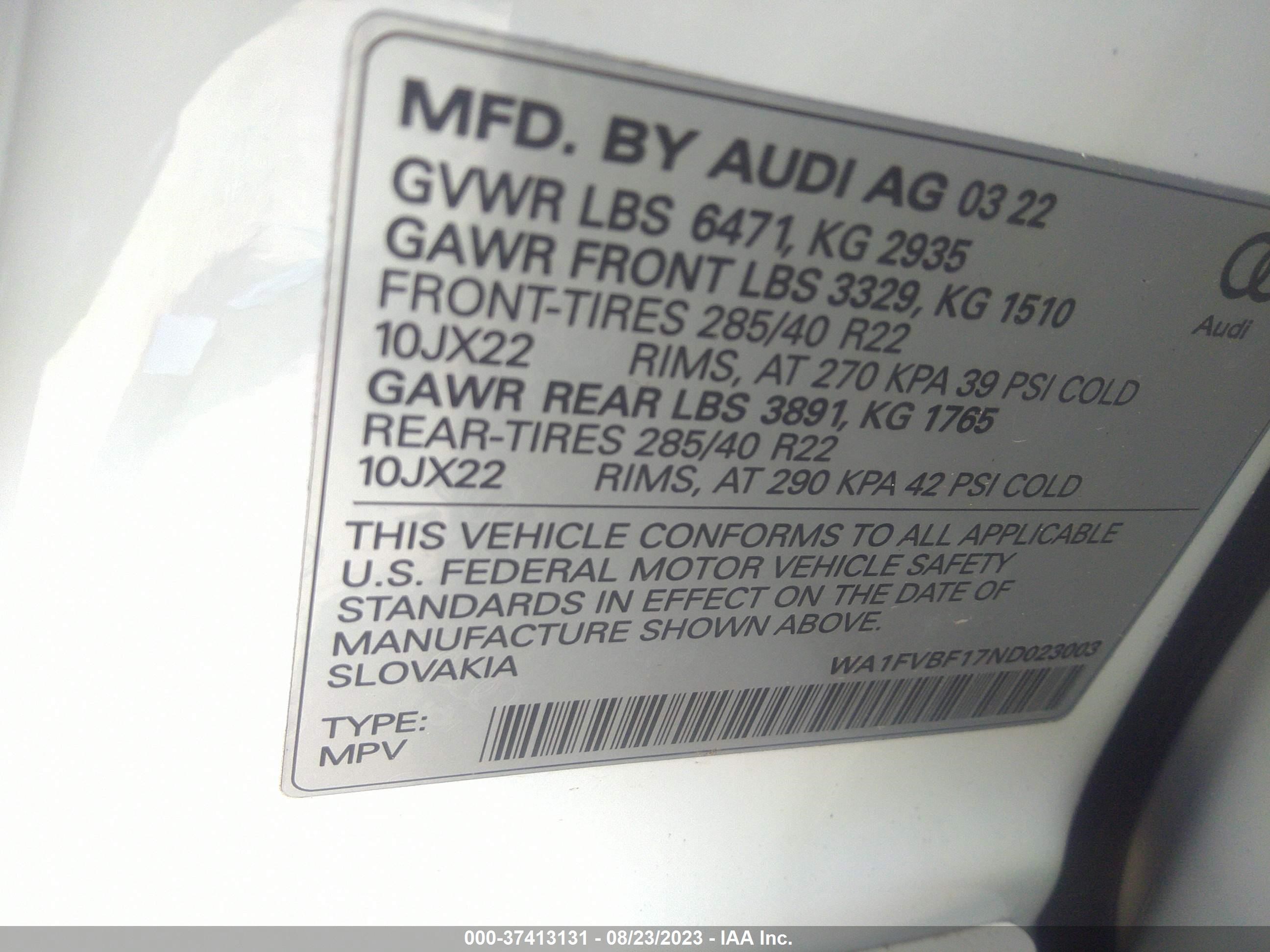 Photo 8 VIN: WA1FVBF17ND023003 - AUDI Q8 