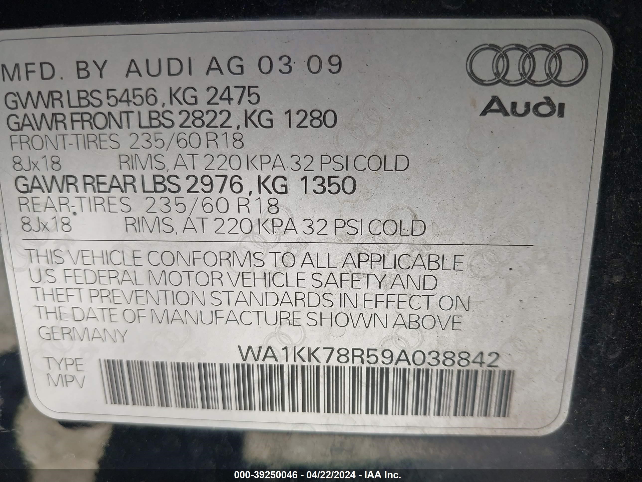 Photo 8 VIN: WA1KK78R59A038842 - AUDI Q5 