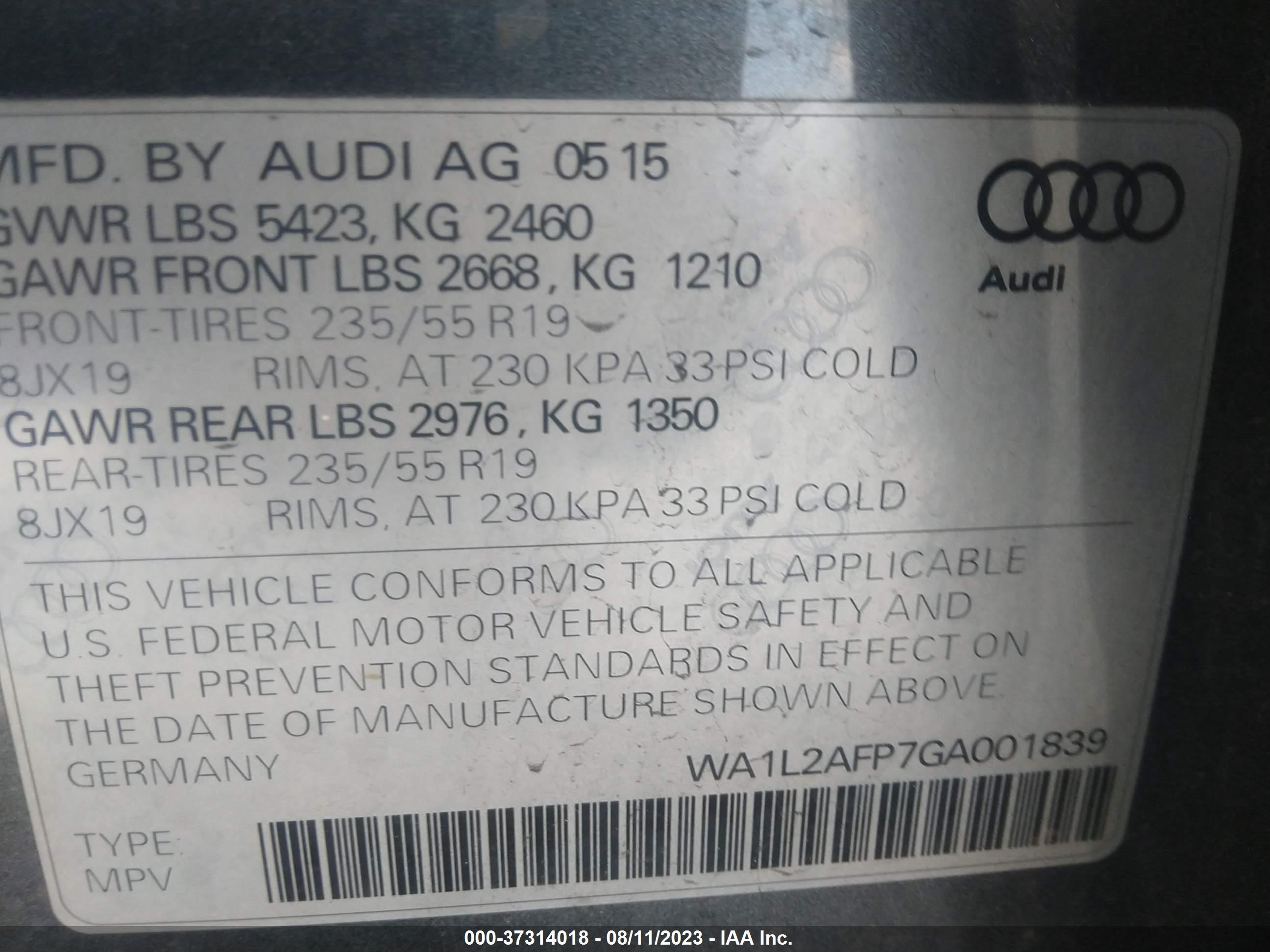 Photo 8 VIN: WA1L2AFP7GA001839 - AUDI Q5 