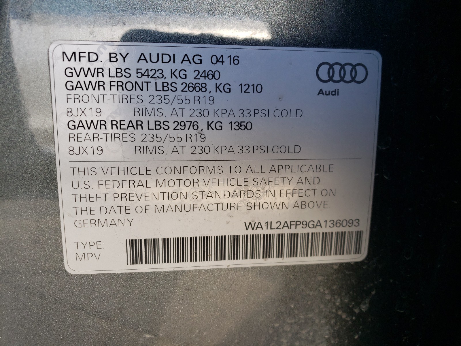 Photo 9 VIN: WA1L2AFP9GA136093 - AUDI Q5 PREMIUM 