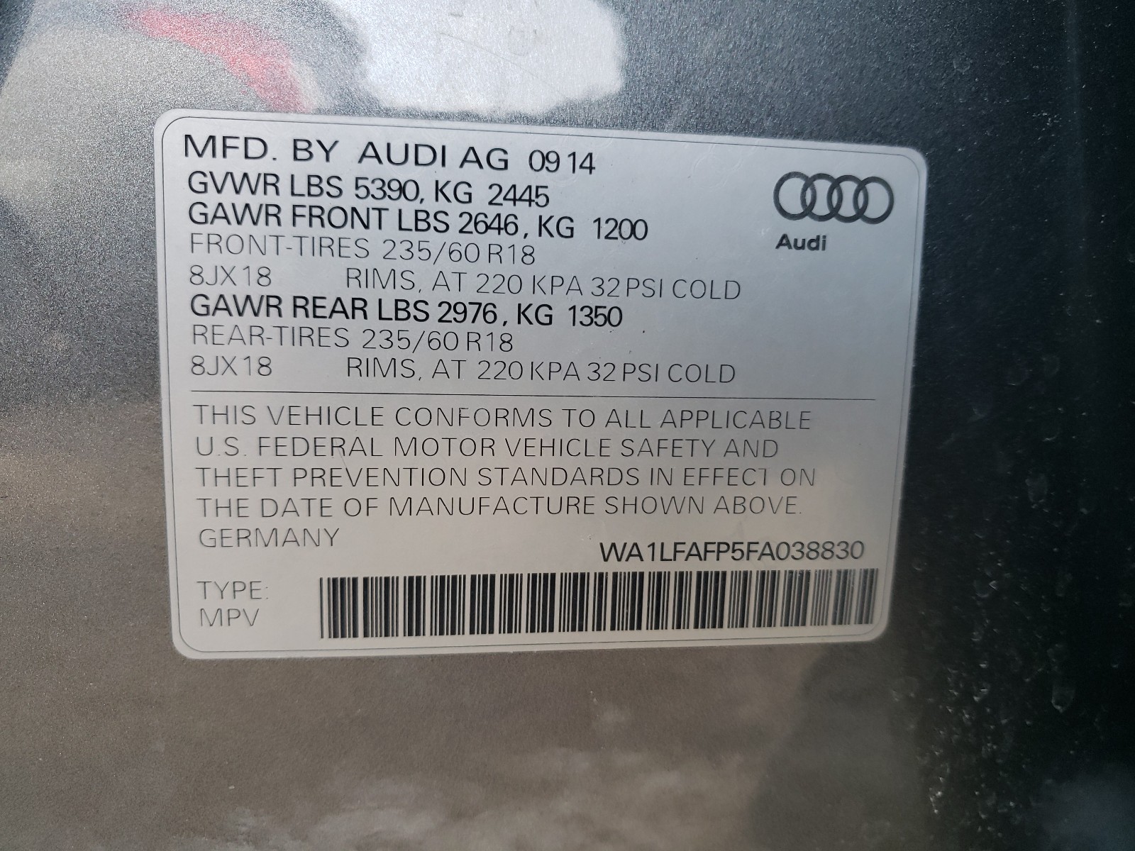 Photo 9 VIN: WA1LFAFP5FA038830 - AUDI Q5 PREMIUM 