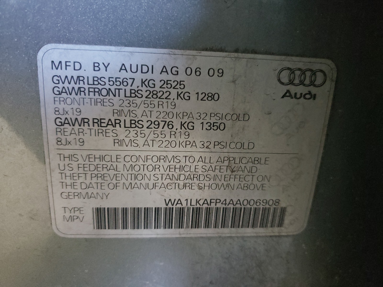 Photo 9 VIN: WA1LKAFP4AA006908 - AUDI Q5 PREMIUM 