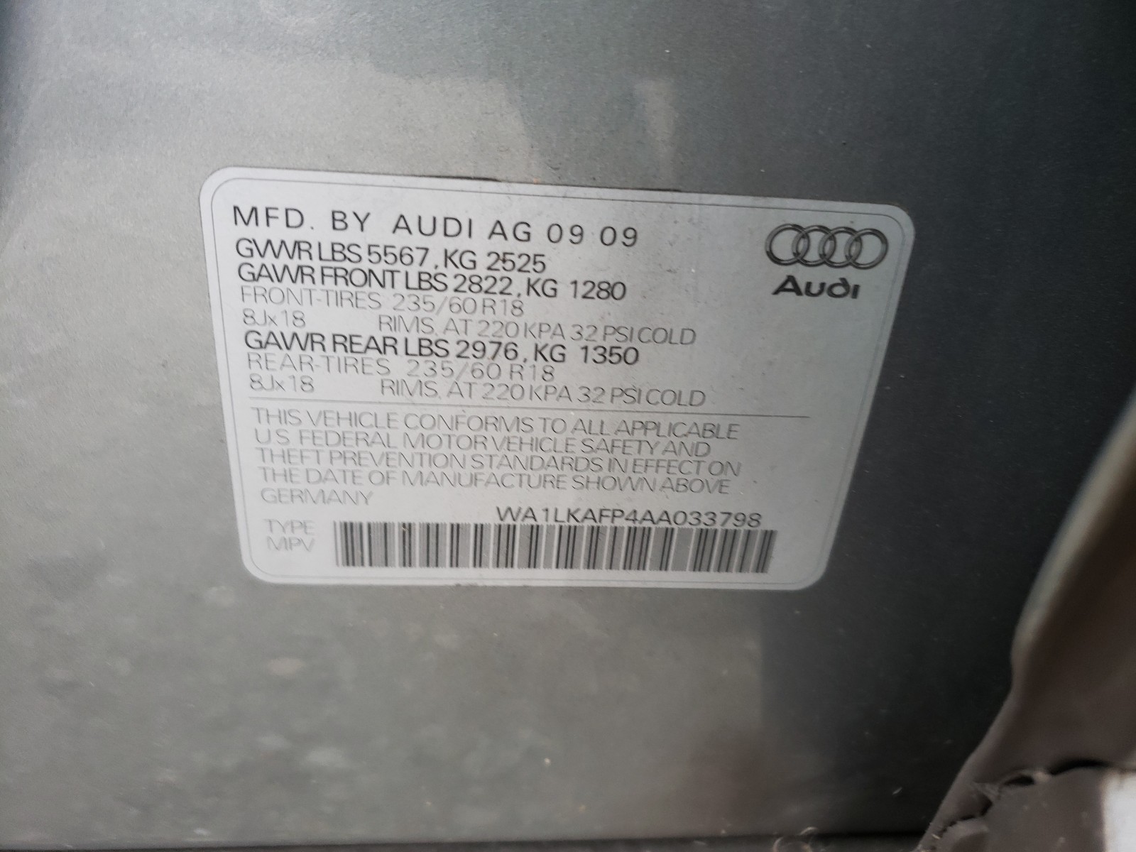 Photo 9 VIN: WA1LKAFP4AA033798 - AUDI Q5 PREMIUM 