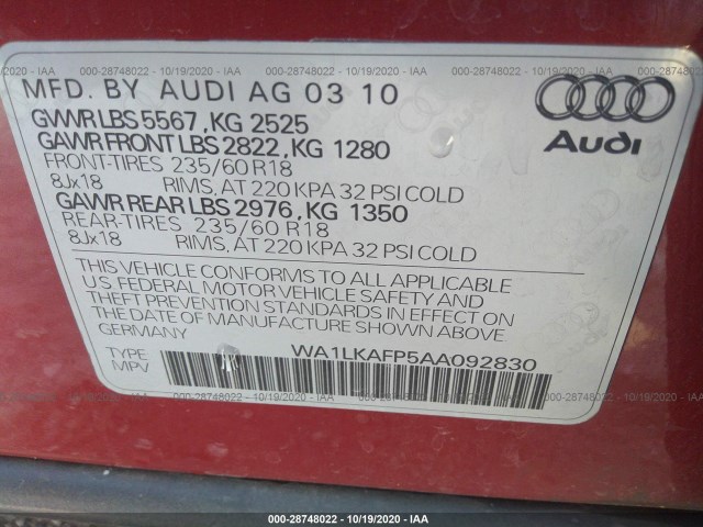 Photo 8 VIN: WA1LKAFP5AA092830 - AUDI Q5 