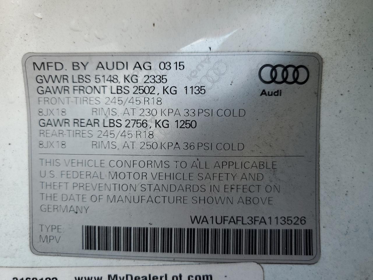 Photo 12 VIN: WA1UFAFL3FA113526 - AUDI A4 