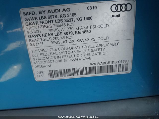 Photo 8 VIN: WA1VABGE1KB008688 - AUDI E-TRON 