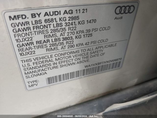 Photo 8 VIN: WA1VXBF7XND006870 - AUDI Q7 PRESTIG 