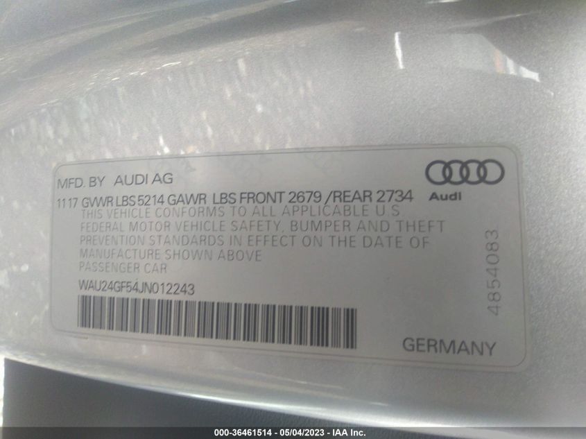 Photo 8 VIN: WAU24GF54JN012243 - AUDI S5 