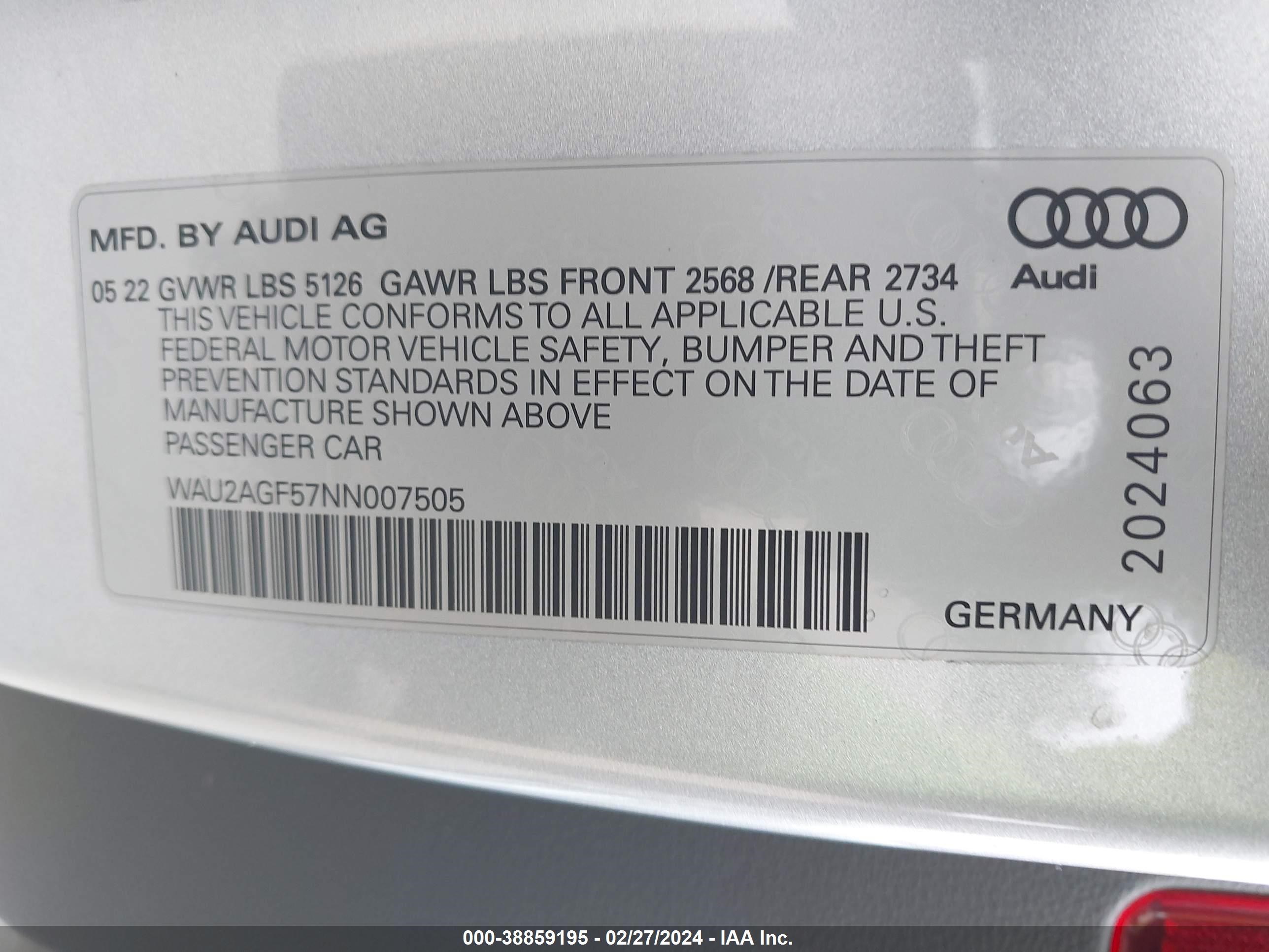 Photo 8 VIN: WAU2AGF57NN007505 - AUDI A5 