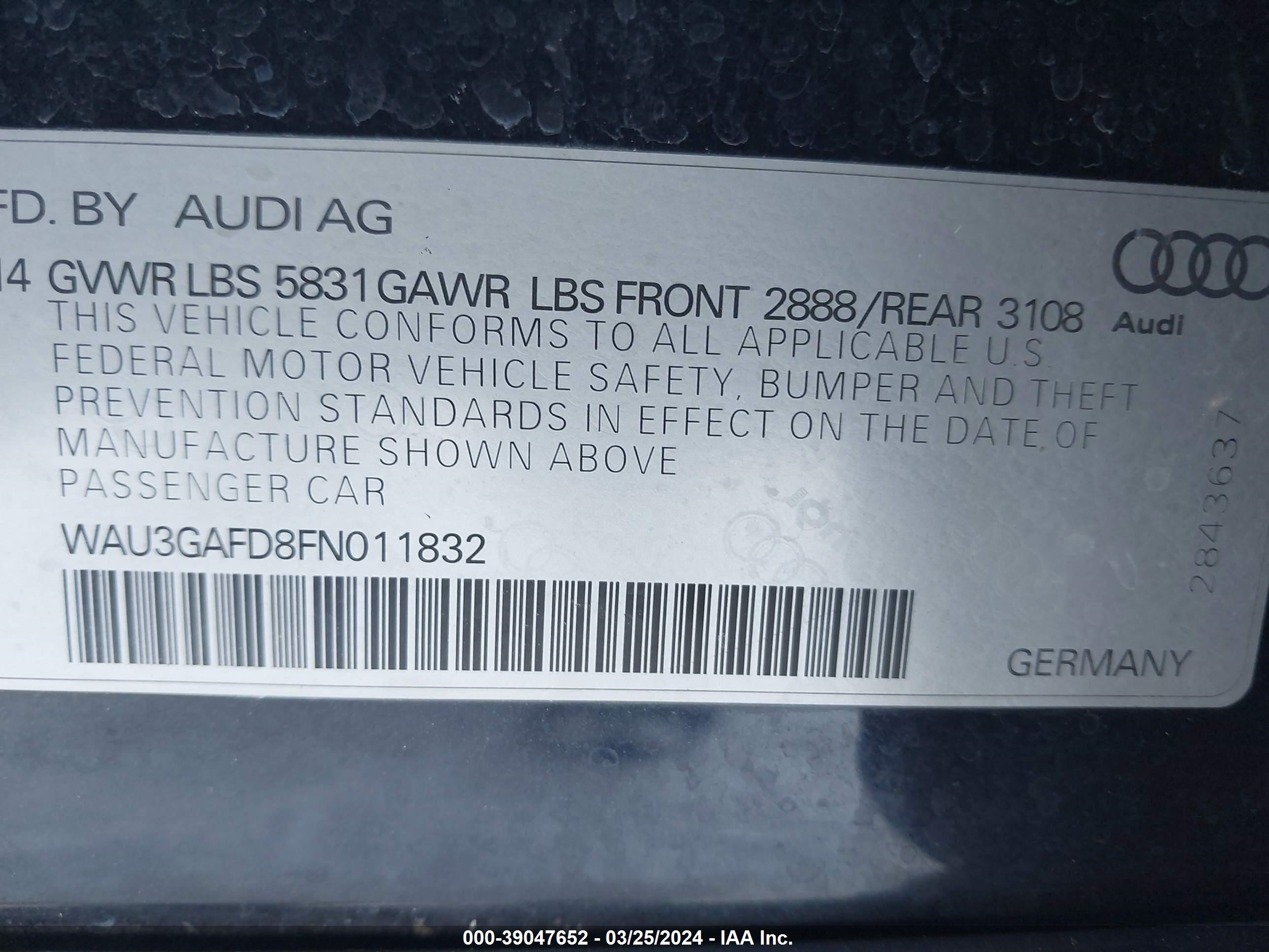 Photo 8 VIN: WAU3GAFD8FN011832 - AUDI A8 