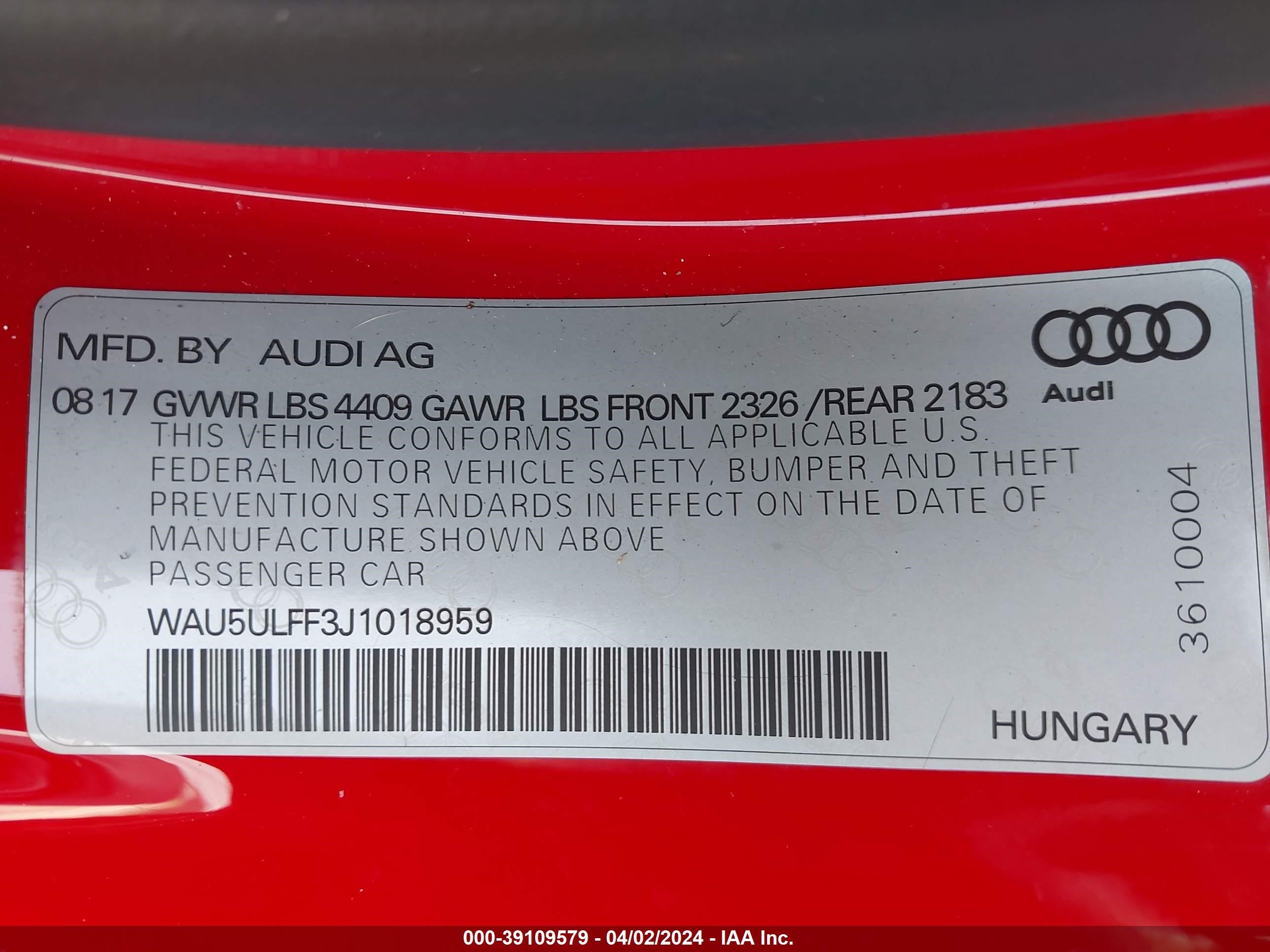 Photo 8 VIN: WAU5ULFF3J1018959 - AUDI A3 