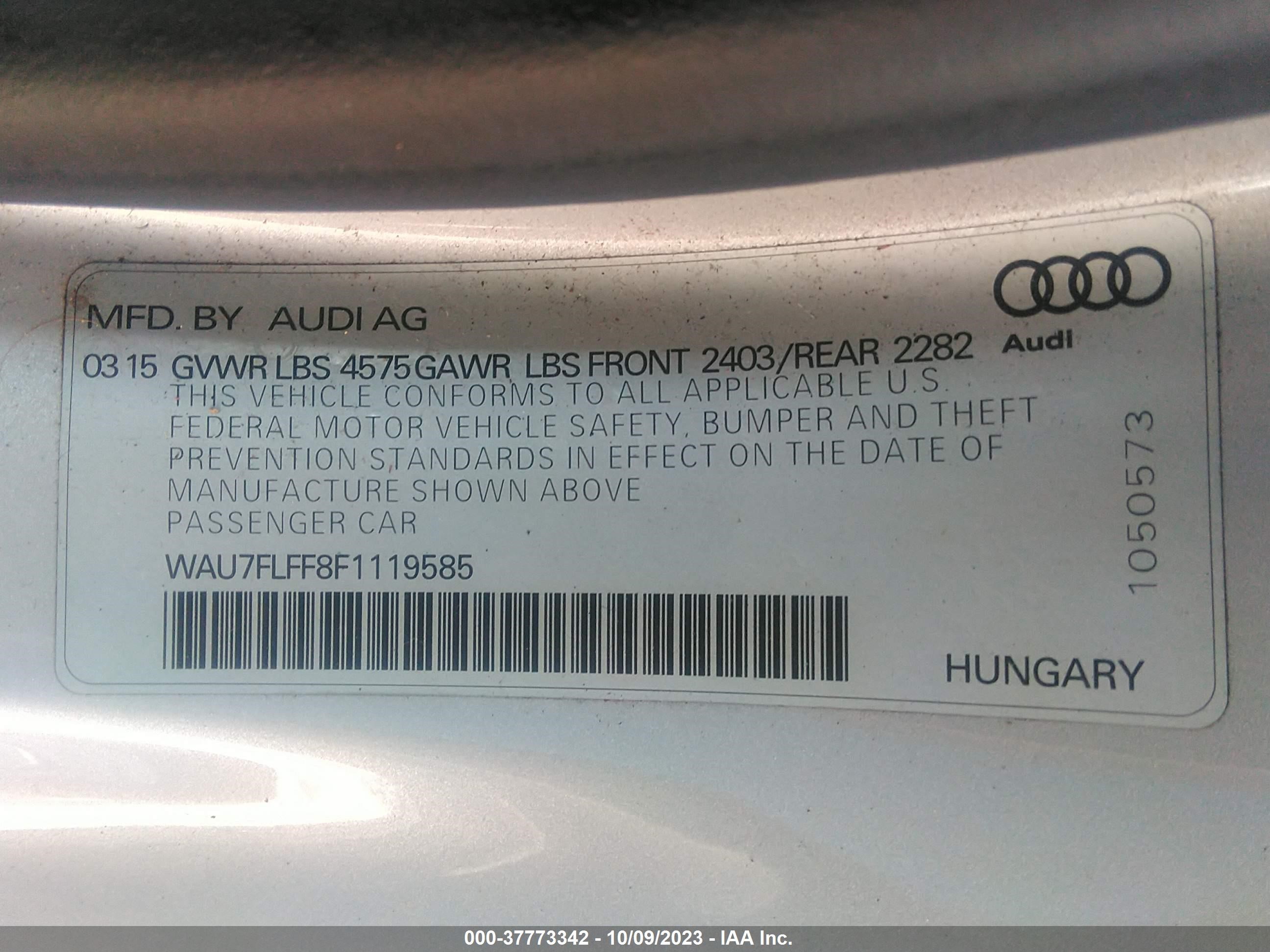 Photo 8 VIN: WAU7FLFF8F1119585 - AUDI A3 