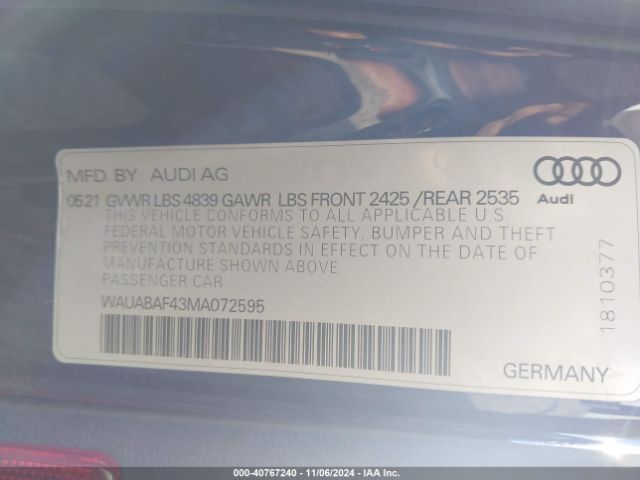 Photo 8 VIN: WAUABAF43MA072595 - AUDI A4 