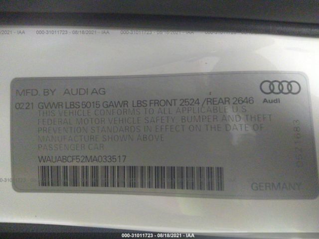 Photo 8 VIN: WAUABCF52MA033517 - AUDI A5 SPORTBACK 