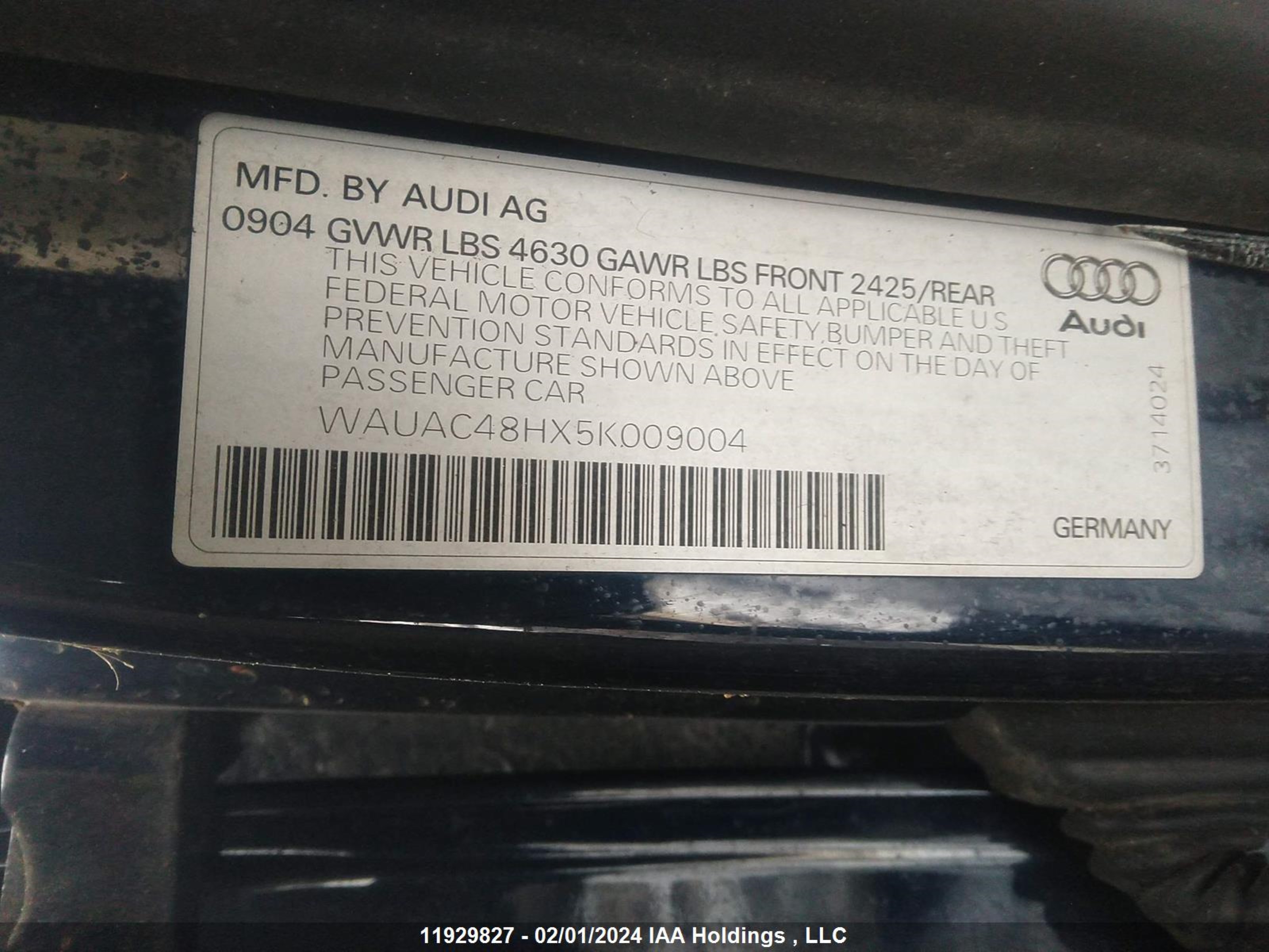 Photo 8 VIN: WAUAC48HX5K009004 - AUDI A4 