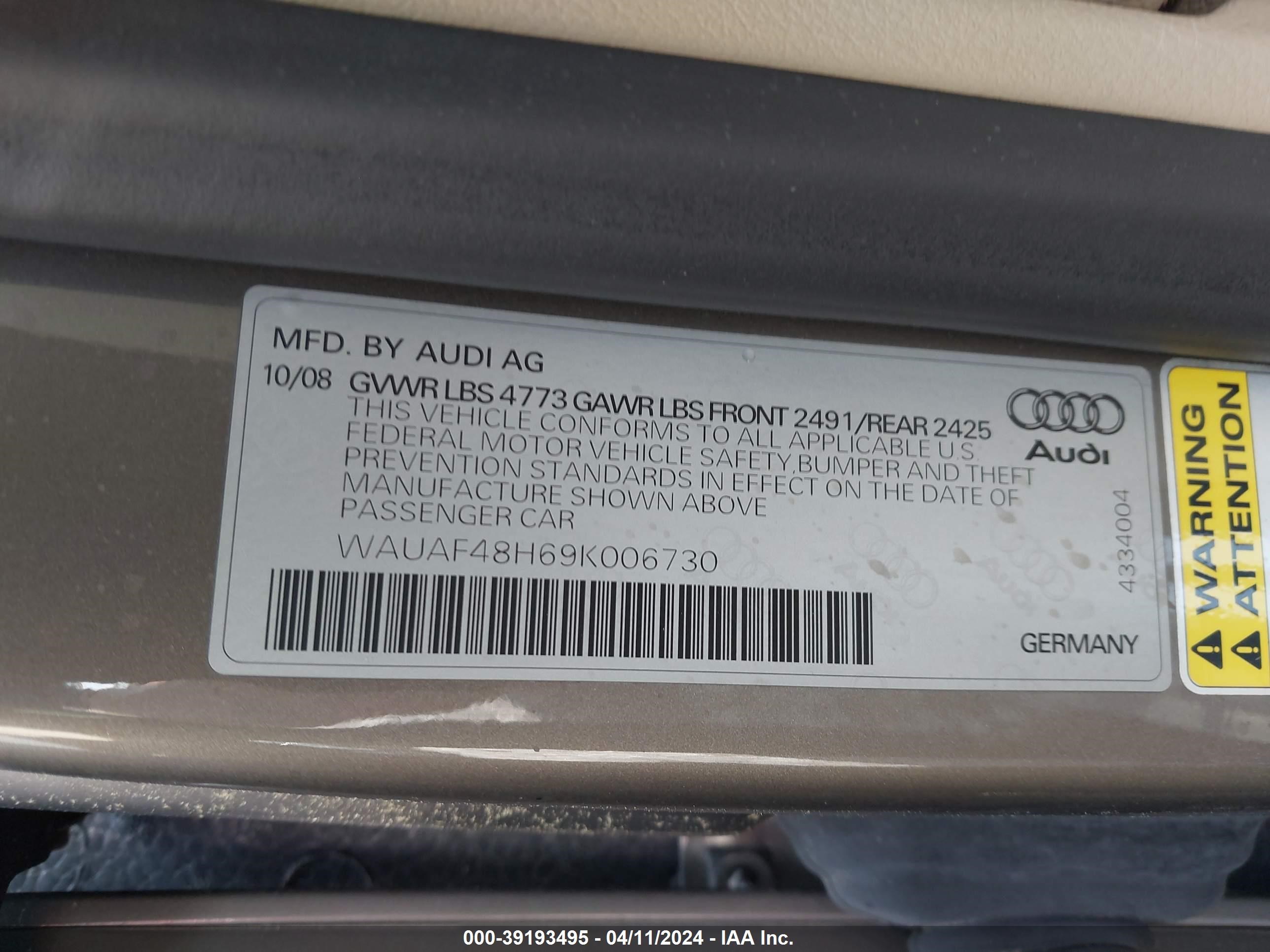 Photo 8 VIN: WAUAF48H69K006730 - AUDI A4 